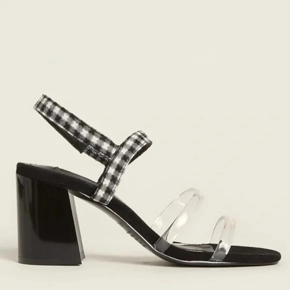 JAGGAR Black & White Candy Gingham Slingback Block Heel Summer Sandals